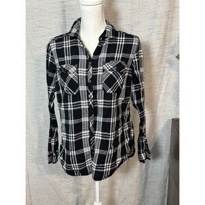 Croft & Barrow Black And White Plaid Flannel Button Up Long Sleeves Large
